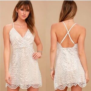 Lulus Lele White Silver Mini Dress Womens Size Medium Sequins Bridal Short